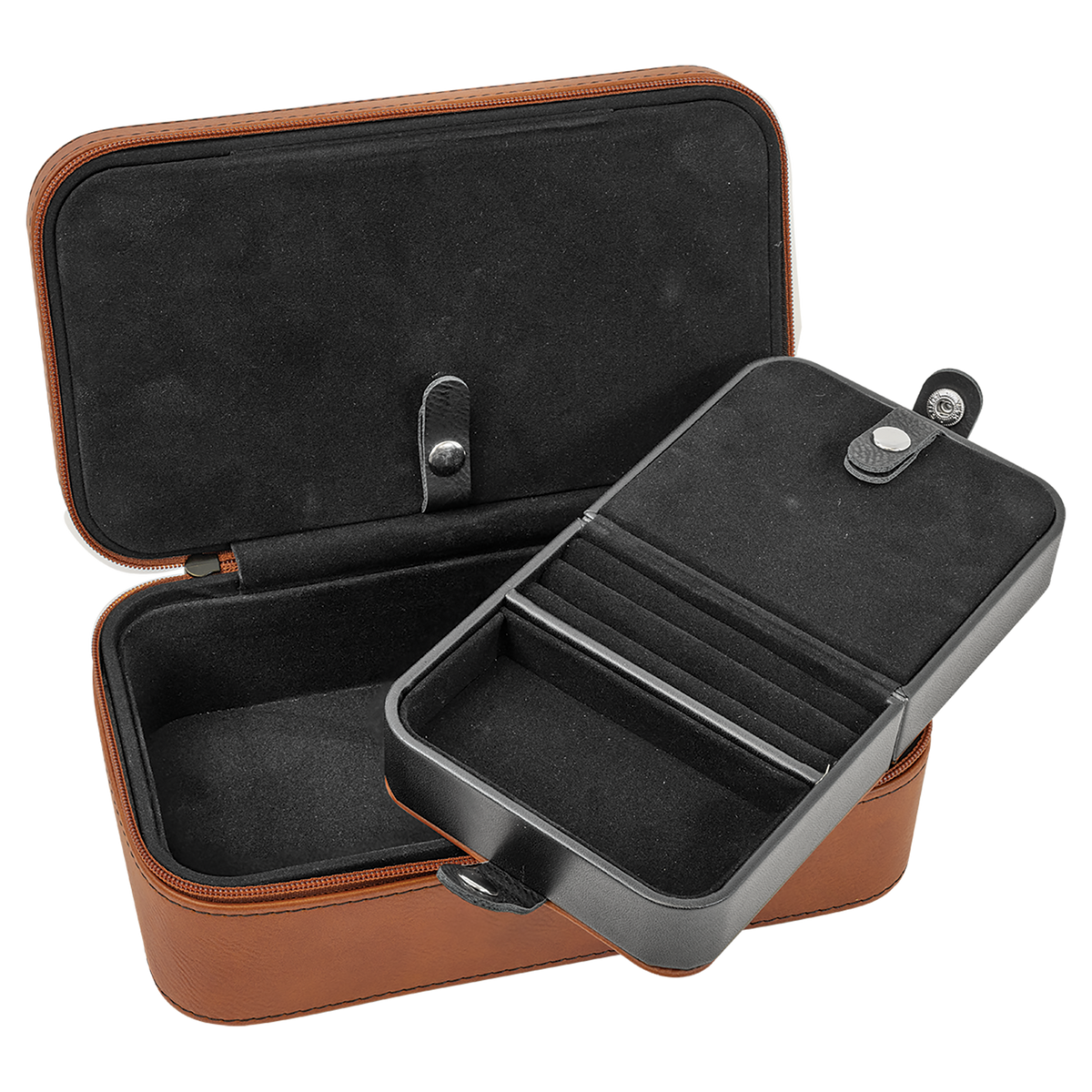 Open leatherette travel jewelry box with removable tray and compartments