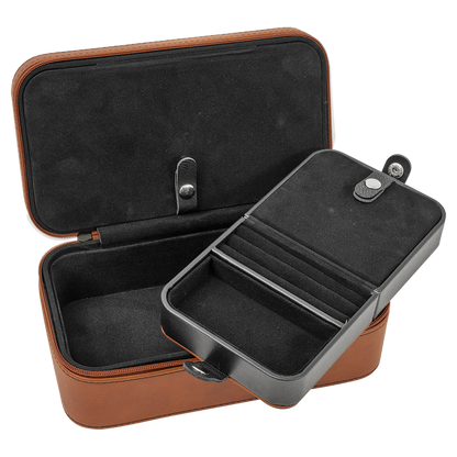 Open leatherette travel jewelry box with removable tray and compartments
