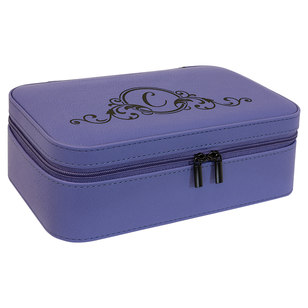Purple leatherette travel jewelry box engraved with a monogram