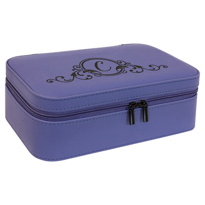 Purple leatherette travel jewelry box engraved with a monogram