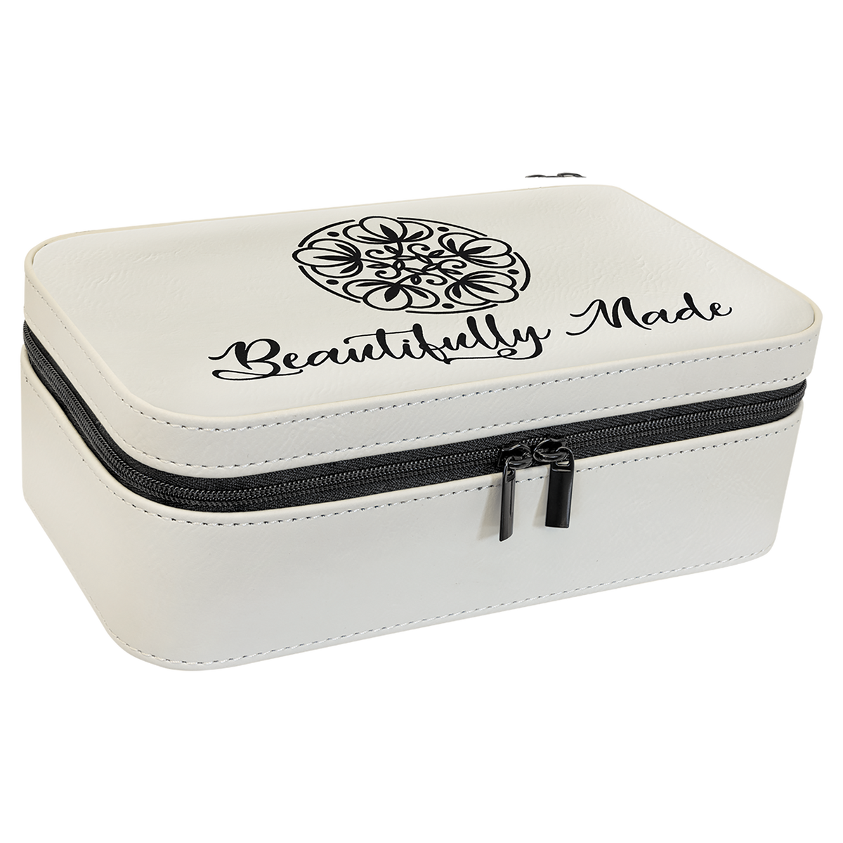 White leatherette travel jewelry box engraved Beautifully Made with a floral mandala