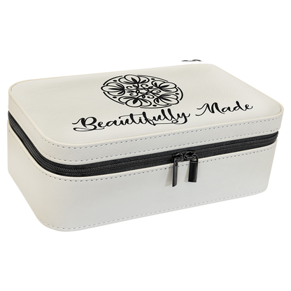 White leatherette travel jewelry box engraved Beautifully Made with a floral mandala