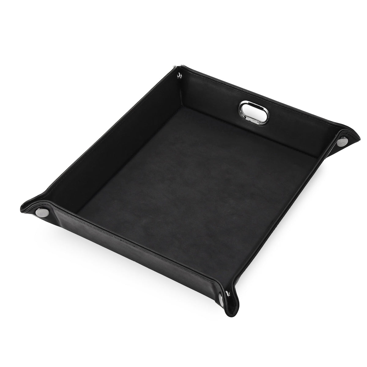 Black leatherette valet tray with snap corners