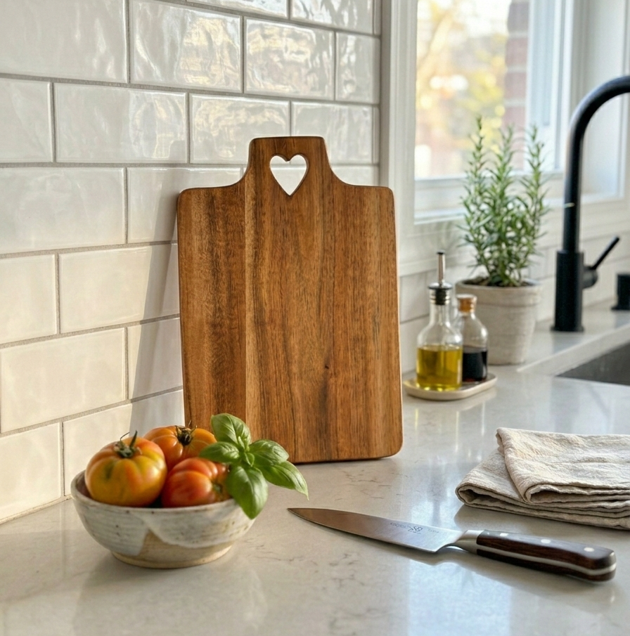 Personalized live edge acacia board with a heart cutout handle on a kitchen counter