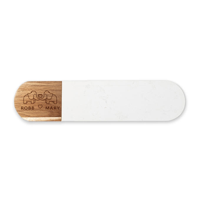 Oval white marble and acacia serving board engraved on the acacia end