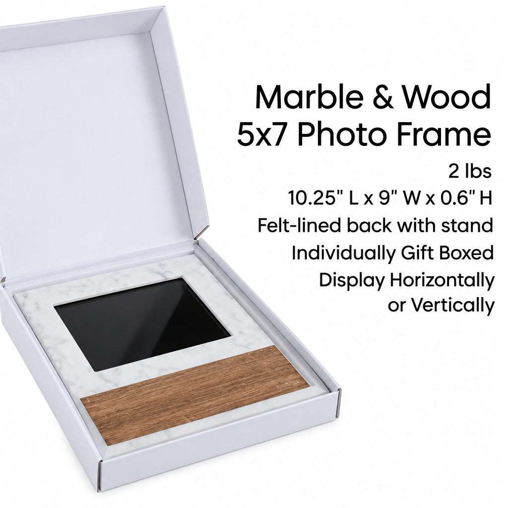Marble and wood 5x7 photo frame in its gift box with specifications