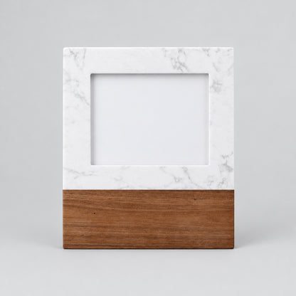 White marble and acacia wood 5x7 picture frame, ready for custom engraving