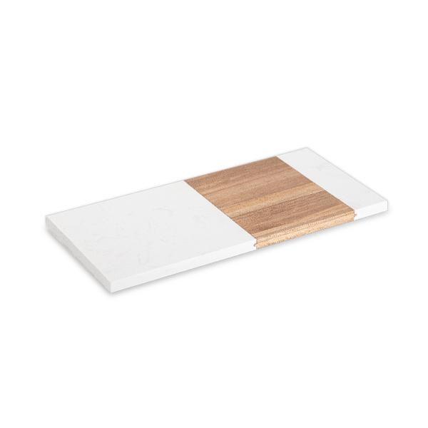 Rectangle white marble and acacia wood serving board, side angle