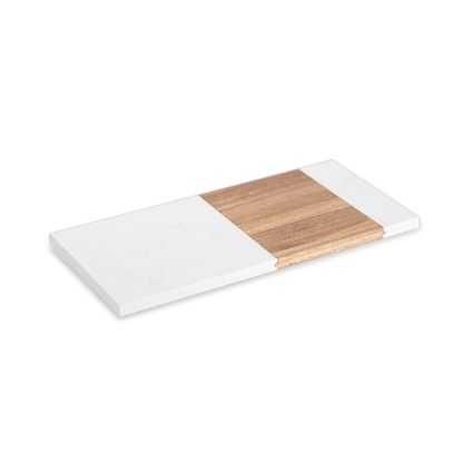 Rectangle white marble and acacia wood serving board, side angle
