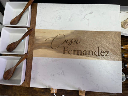 Custom engraved marble and acacia charcuterie board made by Carve & Burn in Miami