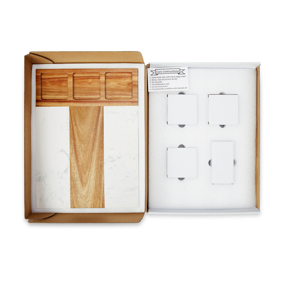 Marble charcuterie board set packed in its gift box with foam protection