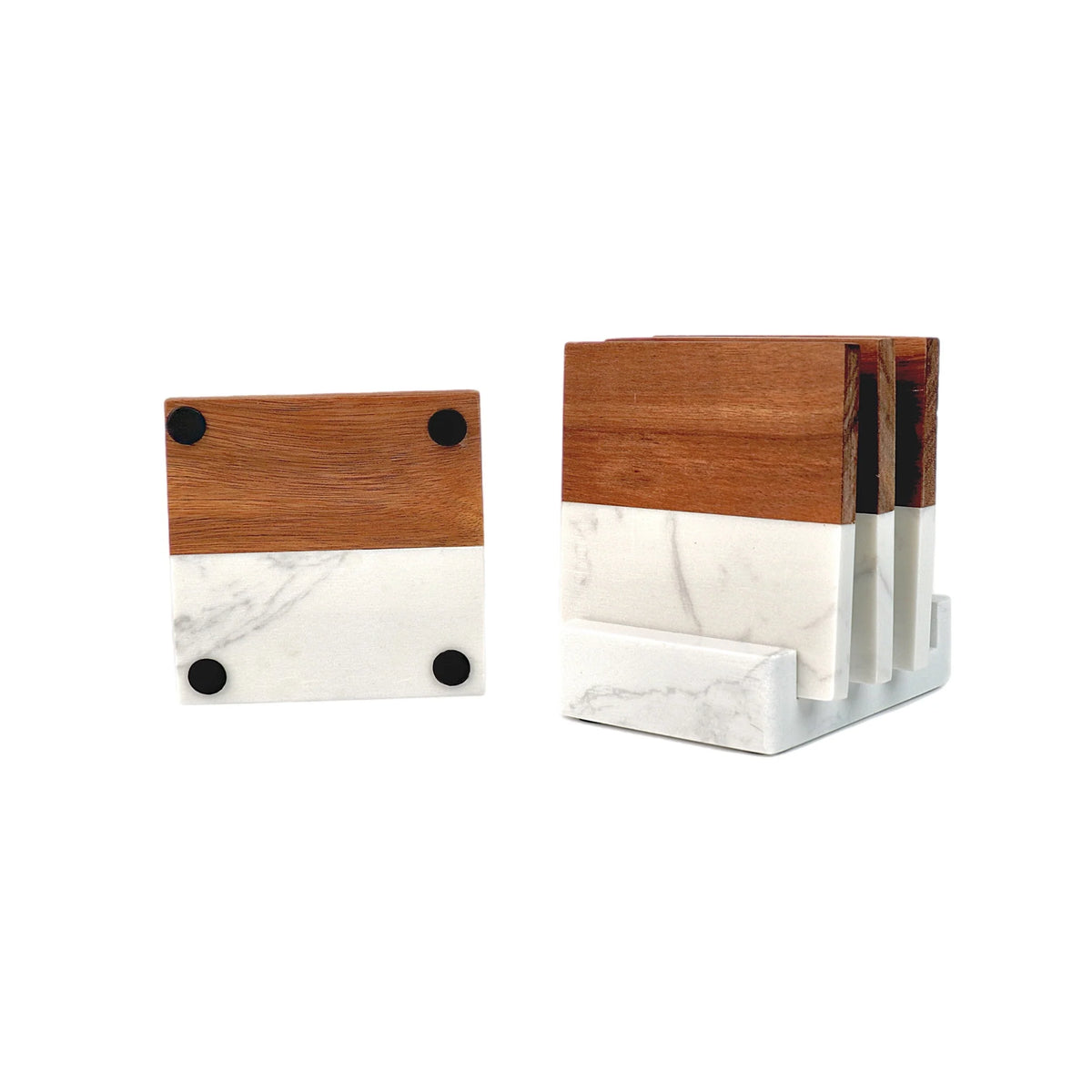 Marble coaster set with base, showing felt-padded backs and holder