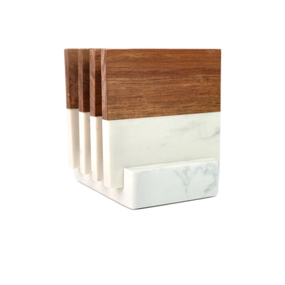 Marble and acacia coasters stored upright in a white marble holder