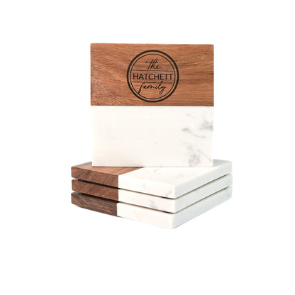 Engraved marble coaster set with acacia wood base