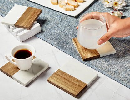 Marble and acacia wood coaster set with base, laser engraved by Carve & Burn