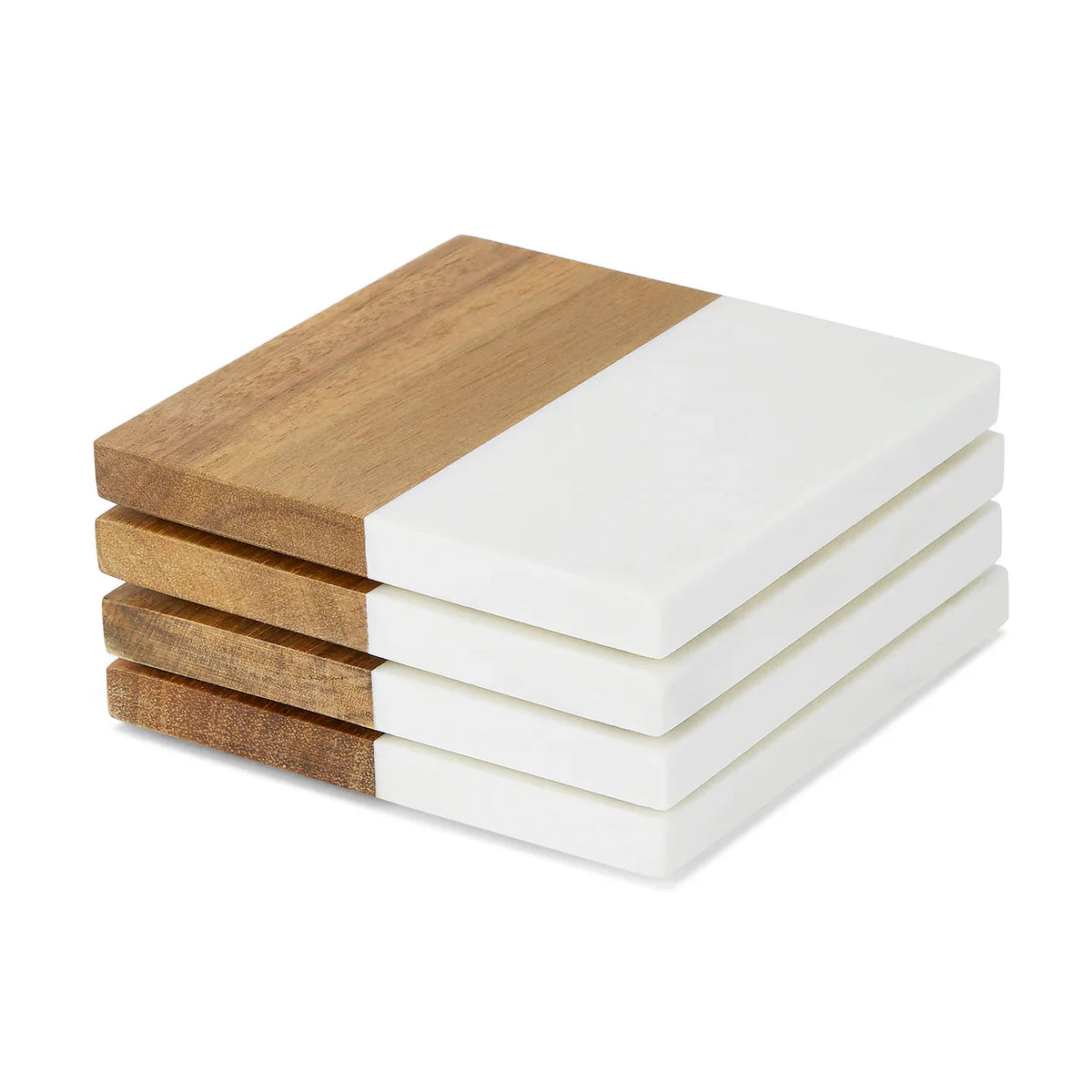 Four marble and acacia coasters stacked, side view