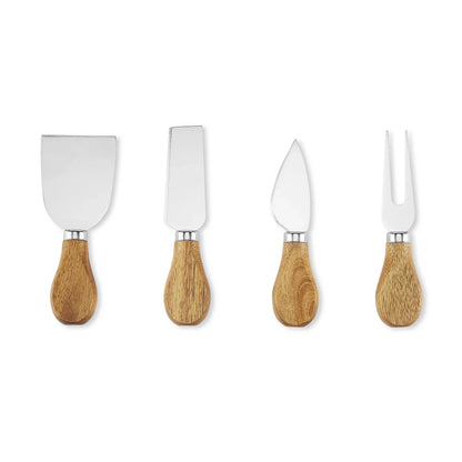 Four-piece cheese knife set with acacia wood handles