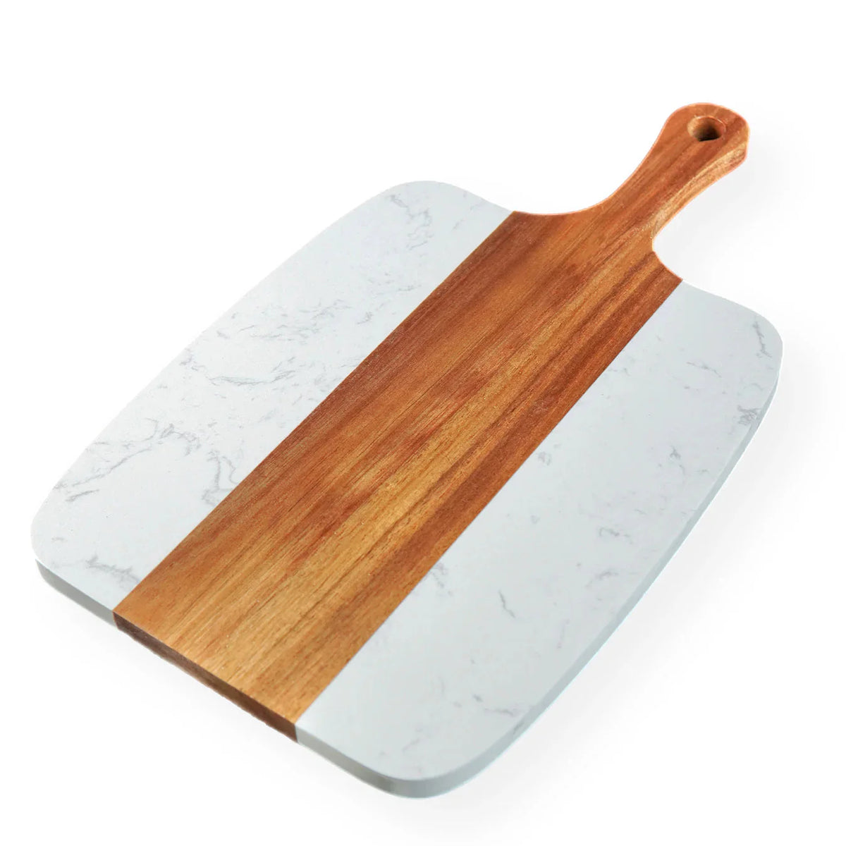 Marble and acacia wood serving board with handle, ready for custom engraving