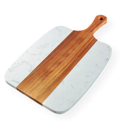 Marble and acacia wood serving board with handle, ready for custom engraving