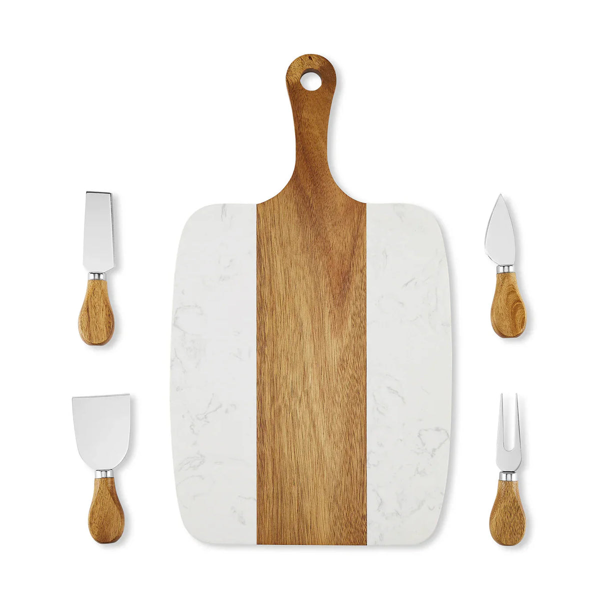 Marble and acacia serving board with handle shown with its four cheese knives