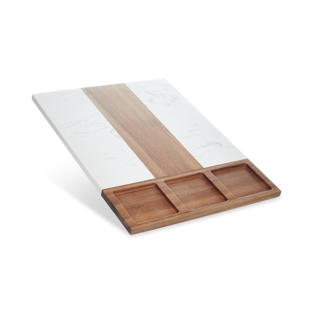 Close-up of the marble and wood charcuterie board