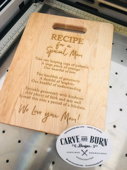 mother’s day engraved cutting board gift for mom displayed in kitchen