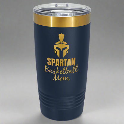 Navy and gold 20 oz gold ion tumbler with a sample laser engraving revealing the gold underneath