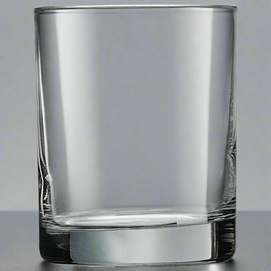 10.5 oz lowball rocks glass, laser engraved by Carve & Burn in Miami