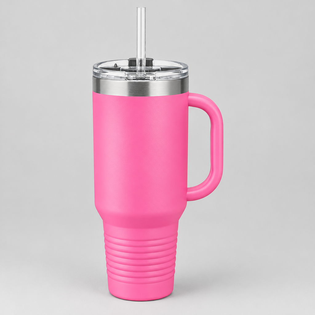 Premium personalized travel mug, laser engraved by Carve & Burn in Miami