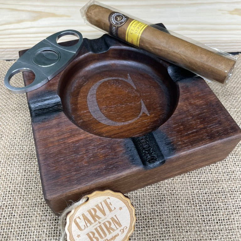 6x6 black walnut ashtray, laser engraved by Carve & Burn in Miami