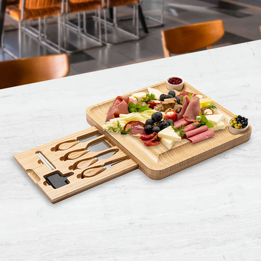 Personalized 13.2 inch square bamboo cheese board with hidden cutlery drawer, styled for serving