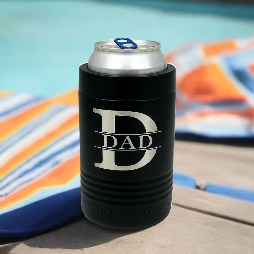 Black can and bottle beverage holder engraved with a Dad monogram at the beach