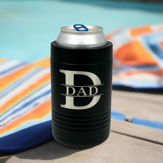 Black can and bottle beverage holder engraved with a Dad monogram at the beach