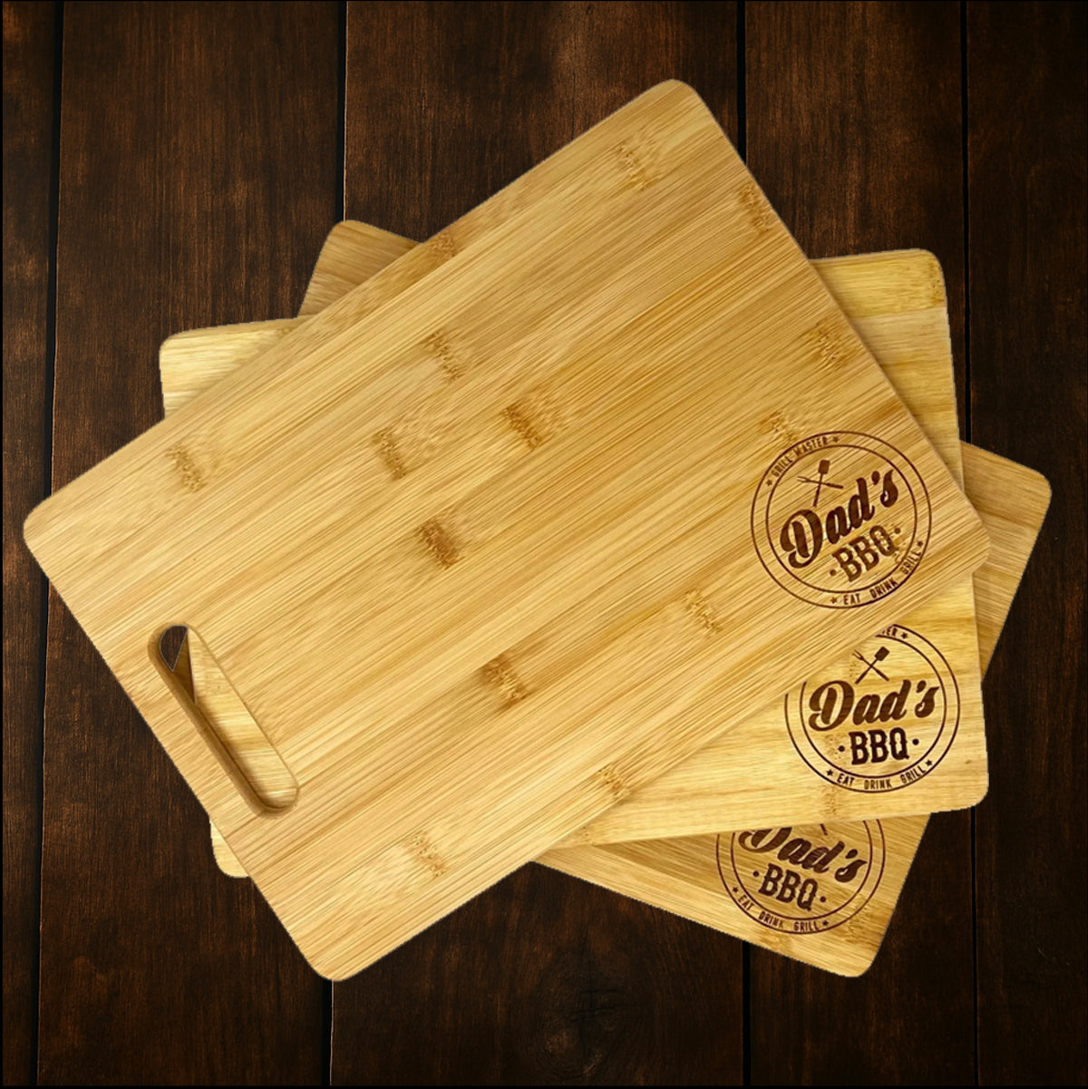 Dad's BBQ bamboo cutting board, laser engraved by Carve & Burn in Miami