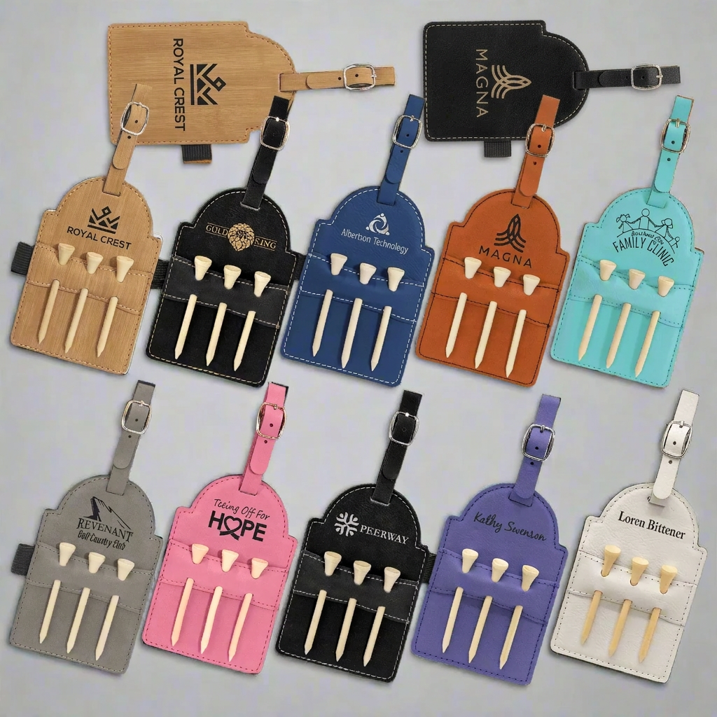 Personalized golf bag tag with tees, laser engraved by Carve & Burn in Miami