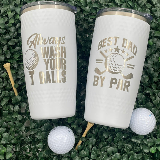 Personalized 20 oz golf ball tumbler, a custom engraved gift for dads and golfers