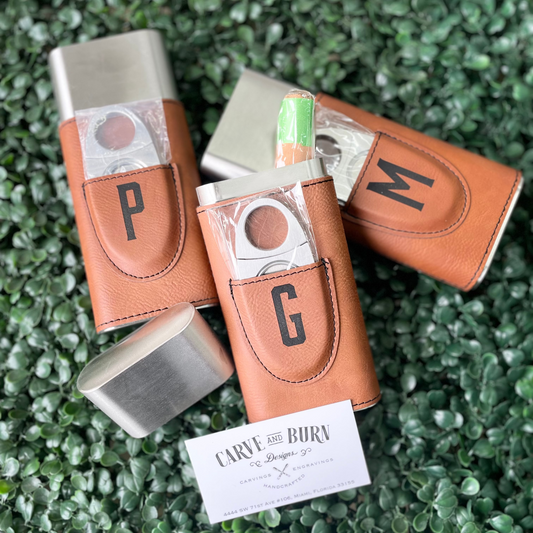 Leather cigar case with cutter, laser engraved by Carve & Burn in Miami