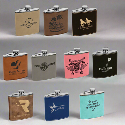 Custom engraved leatherette flask, laser engraved by Carve & Burn in Miami