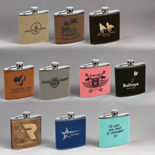 Custom engraved leatherette flask, laser engraved by Carve & Burn in Miami