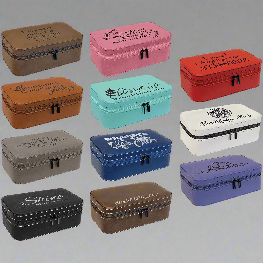 7.5x4.5 leatherette travel jewelry box, laser engraved by Carve & Burn in Miami