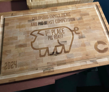 Maple butcher block cutting board, laser engraved by Carve & Burn in Miami