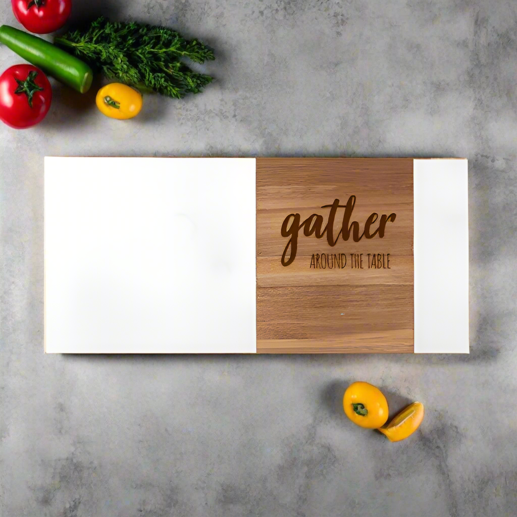 Rectangle white marble and acacia serving board, laser engraved by Carve & Burn in Miami