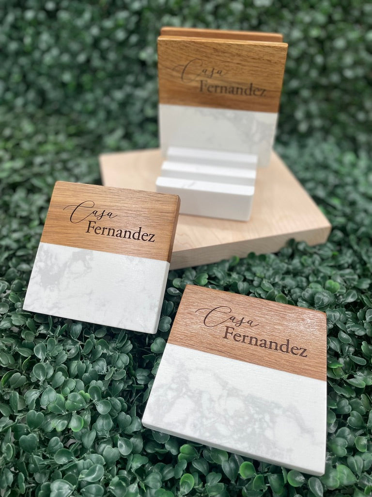 Marble coaster set with base, laser engraved by Carve & Burn in Miami