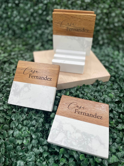 Marble coaster set with base, laser engraved by Carve & Burn in Miami