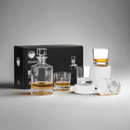 Round decanter and whiskey glass gift set, laser engraved by Carve & Burn in Miami