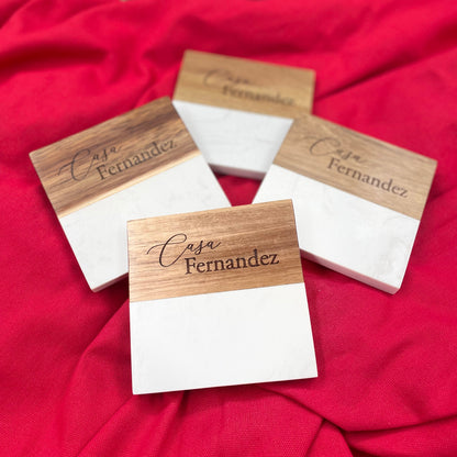 Engraved marble and acacia coasters, set of 4