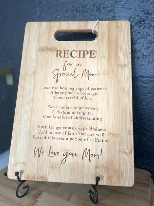 recipe for a special mom engraved message on bamboo cutting board close up