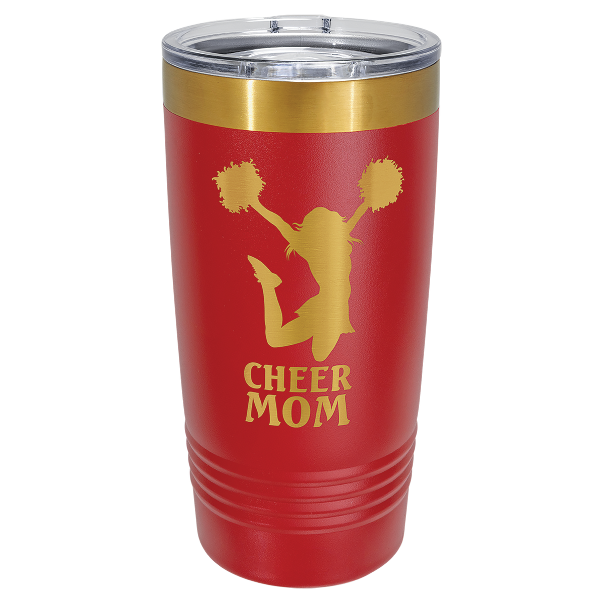 Red and gold 20 oz gold ion tumbler with a sample laser engraving revealing the gold underneath