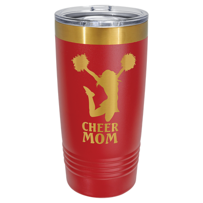 Red and gold 20 oz gold ion tumbler with a sample laser engraving revealing the gold underneath