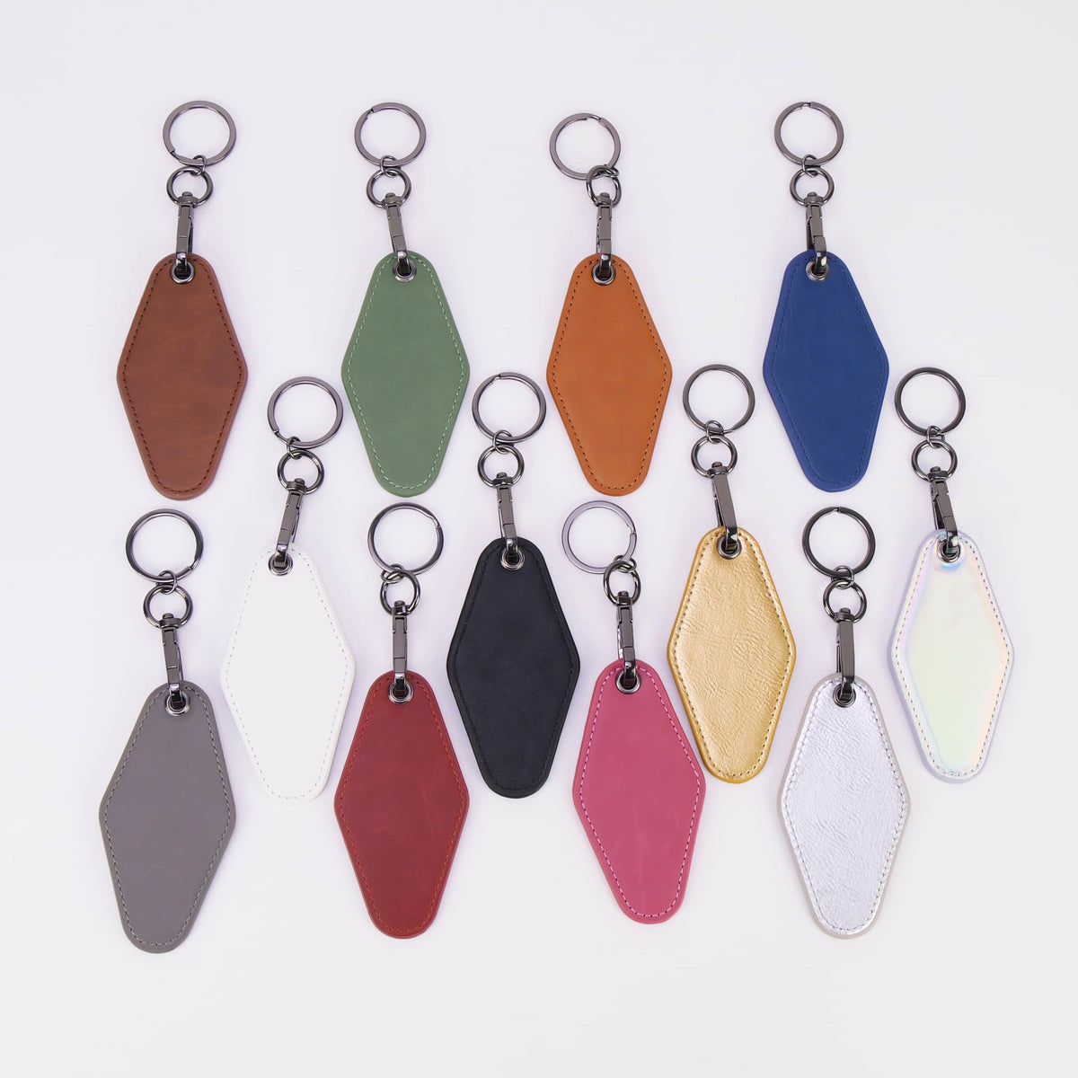 Retro motel keychains in twelve leatherette colors